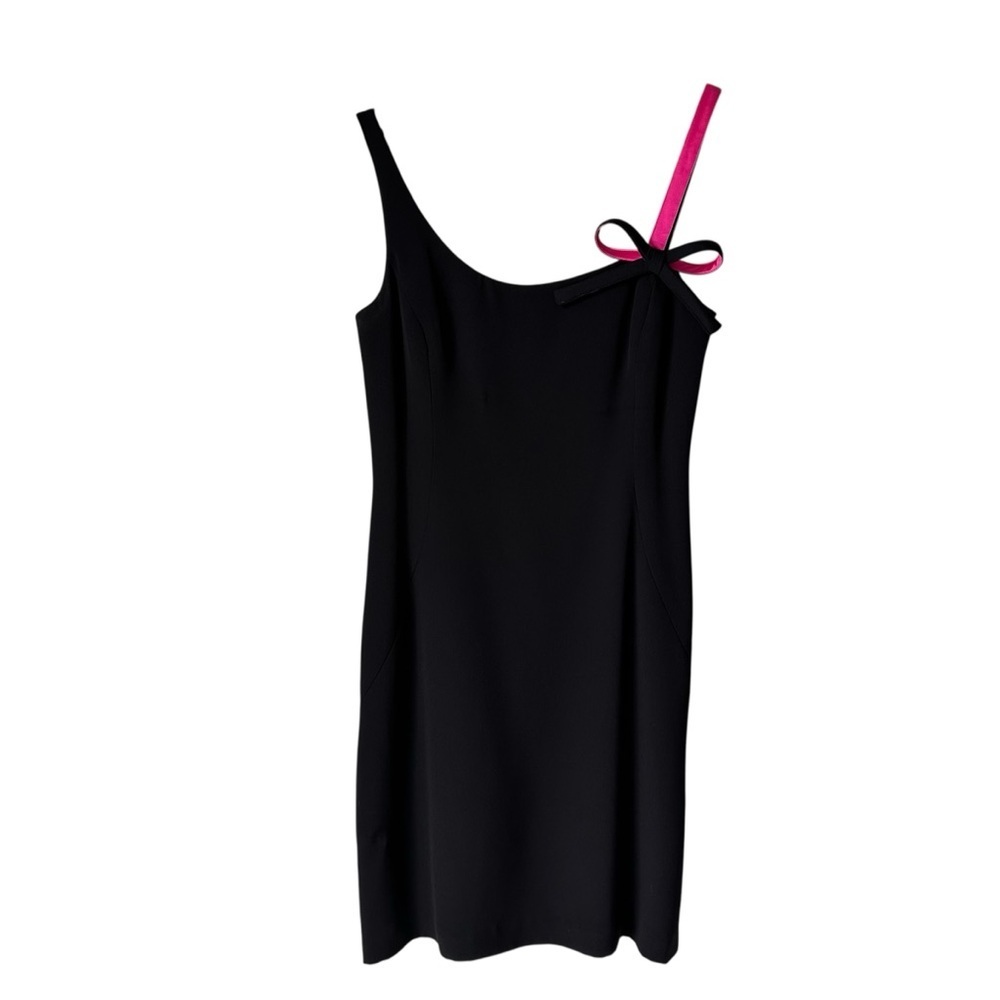Vintage 100% Silk Black Cocktail Dress with Pink Bow Shoulder Accent, 8